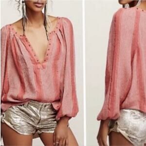 Free People Blouse Small S  Against All Odds Bohemian Coral Grommet Casual Chic